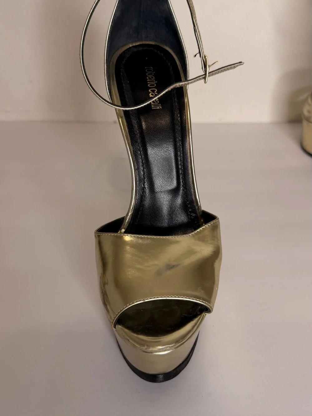 Roberto Cavalli Metallic Gold Platform Stiletto Sandals with Ankle Strap